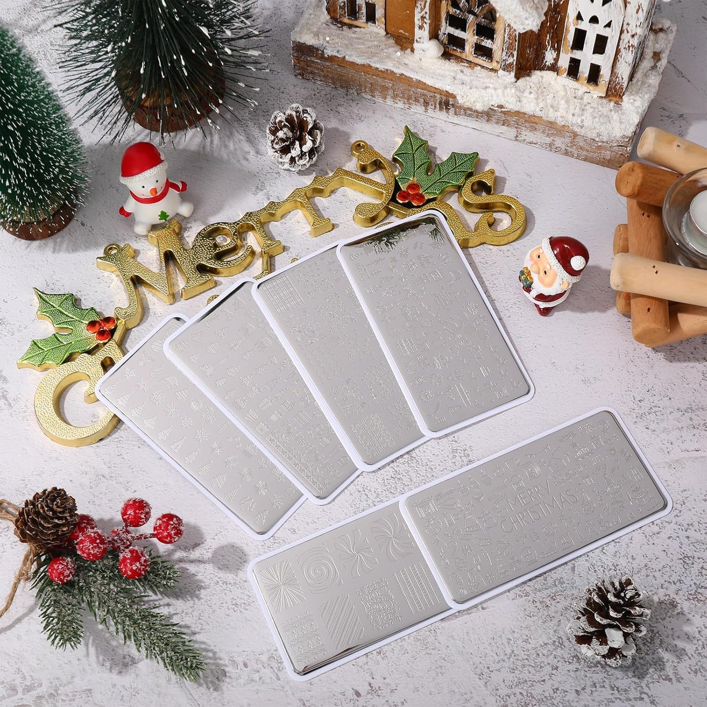 Whaline 6Pcs Christmas Nail Plates Stamping Set Xmas Tree Snowflake Snowman Stamp Templates Nail Art Plates for Winter DIY Print Manicure Salon Design Gift-Velvo Beauty