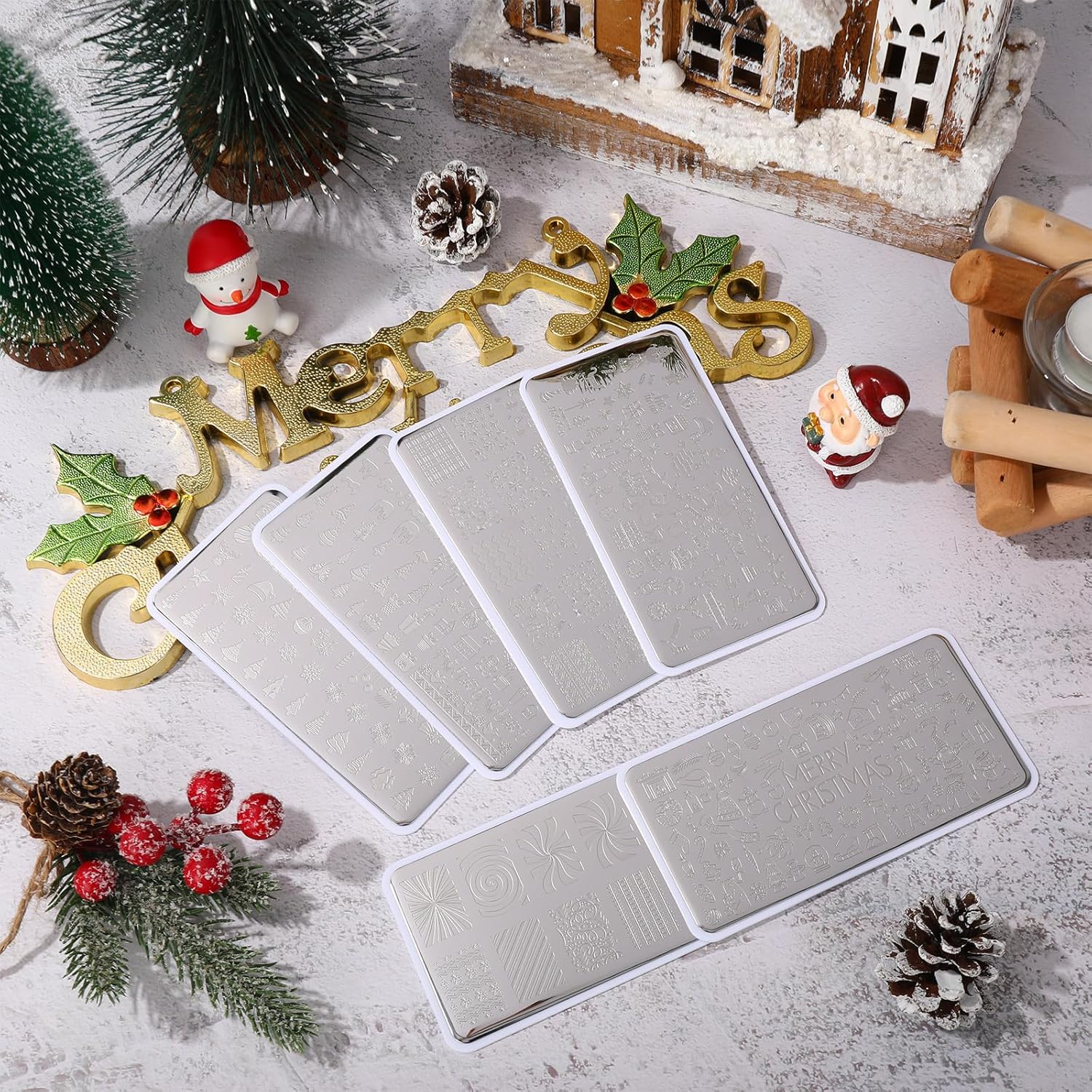 Whaline 6Pcs Christmas Nail Plates Stamping Set Xmas Tree Snowflake Snowman Stamp Templates Nail Art Plates for Winter DIY Print Manicure Salon Design Gift-Velvo Beauty