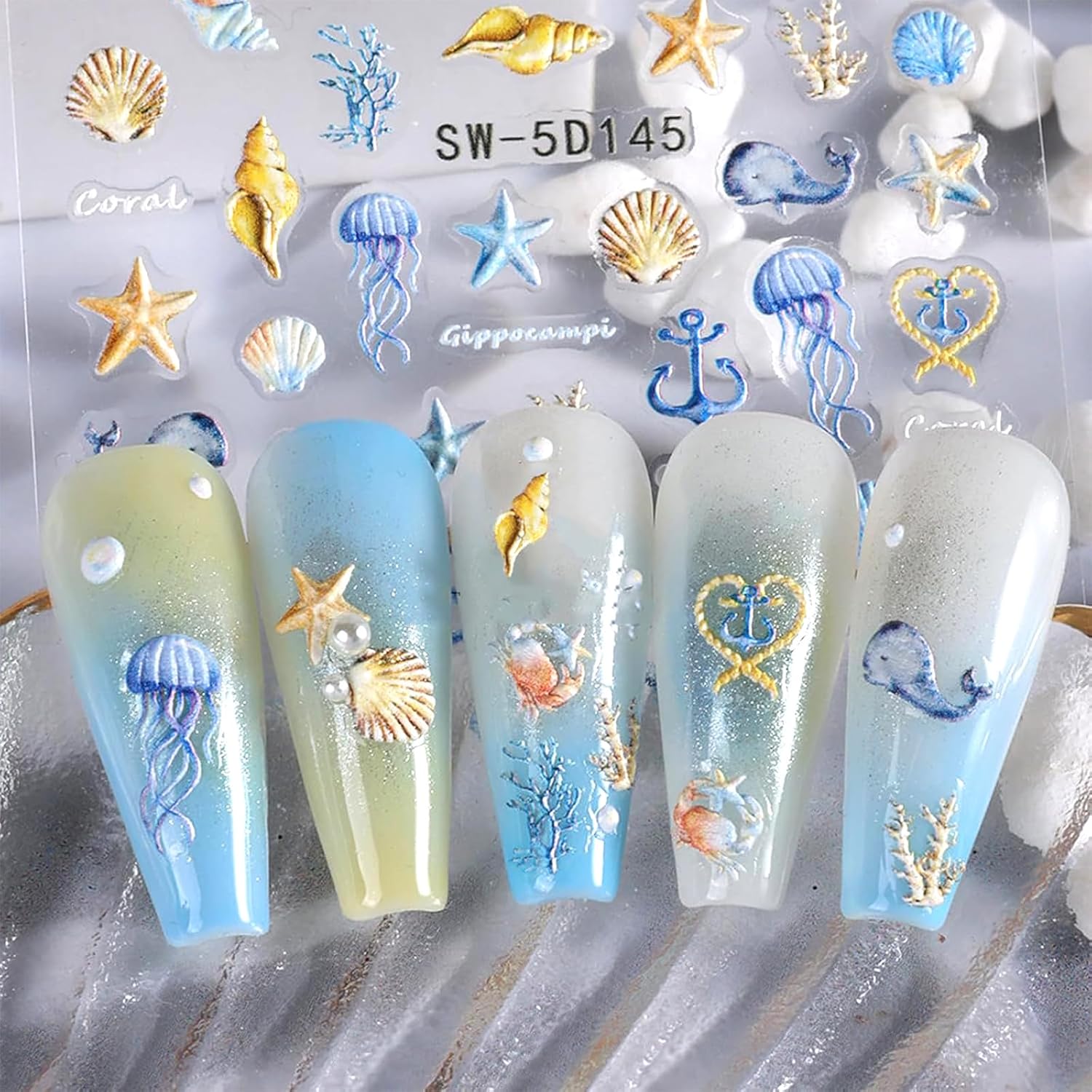 4 Sheets Summer Nail Stickers for Nail Art 5D Summer Nails Decals 3D Self-Adhesive Nails Supplies Accessories Shell Jellyfish Starfish Stickers for Women Nails Decoration-Velvo Beauty