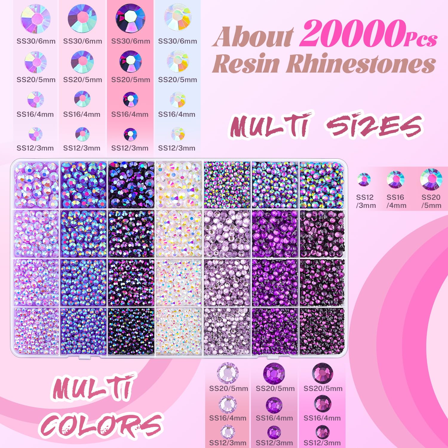 20000Pcs Purple Rhinestones for Bedazzling with 1Pcs B7000 Jewelry Glue, Resin Rhinestones for Crafting Crafts DIY, Bedazzler Kit Gems for Clothing Shoes Tumblers Nail Art Assorted Size 3/4/5/6mm-Velvo Beauty