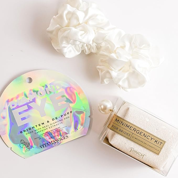 Bride Gift Box - Bride to Be Gift Set for Bridal Shower, Engagement Party, Bachelorette Party, Wedding Shower - White Silk Sateen Hair Scrunchies, Diamond Eye Mask, Bride Emergancy Kit-Velvo Beauty