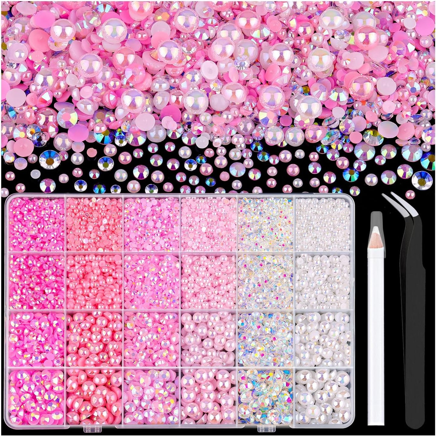 9000PCS Flatback Pearls and Rhinestones for Bedazzling, Pink White Mixed Size 3-8mm Resin Rhinestones and Half Pearls for Crafting, Nail Art and Grad Cap Decoration with Tweezers and Pickup Pencil-Velvo Beauty