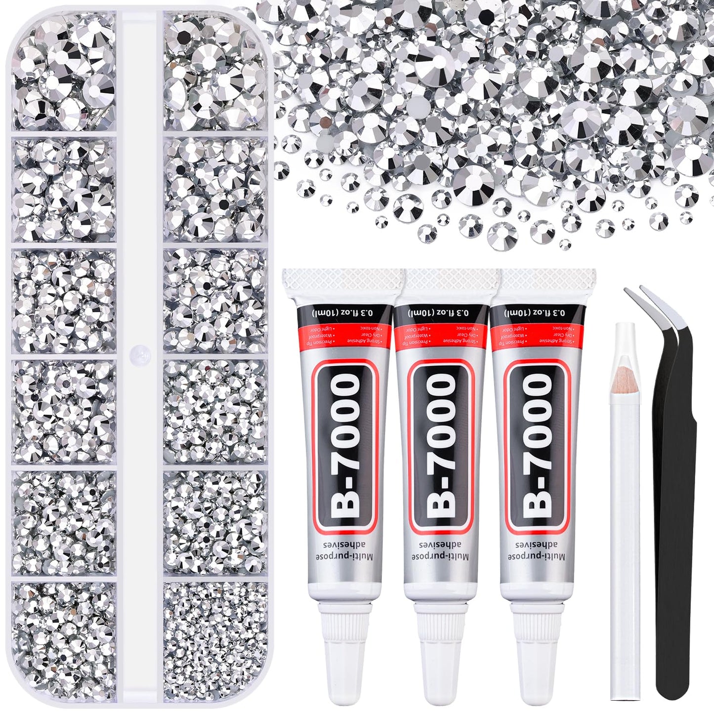 6000Pcs Resin Rhinestones for Bedazzling with 3Pcs B7000 Jewelry Glue, 1 Box Silver Flatback Rhinestones for Crafting Crafts DIY, Crystals Gems for Clothing Shoes Tumblers Nail Art Makeup-Velvo Beauty