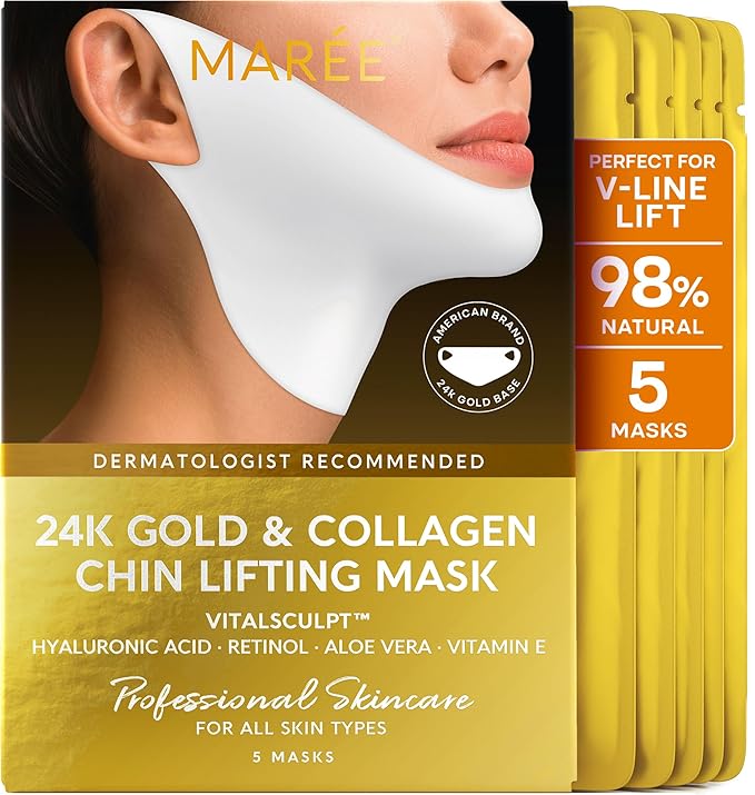 MAREE V Line Lifting Mask with 24K Gold – Deep Collagen Face Mask for Women – Jawline Shaper Mask with Retinol & Hyaluronic Acid – Neck Tightening & Firming - Double Chin Strap for Face Lift-Velvo Beauty
