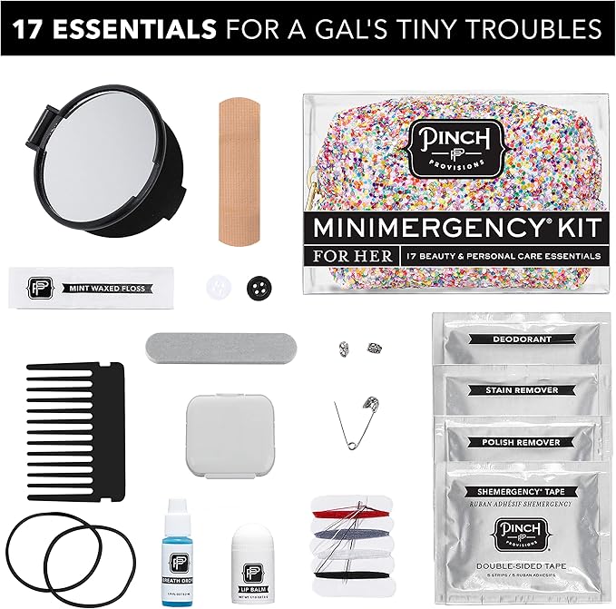 Pinch Provisions Funfetti Minimergency Kit, includes 17 Travel-Sized Cosmetic Essentials, Convenient for Purses, Emergency Beauty Accessories, Gifts for Holiday’s & Birthday’s-Velvo Beauty
