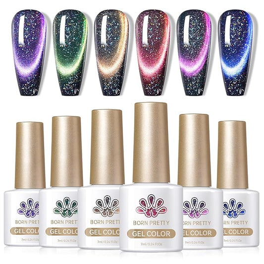 Born Pretty 9D Magnetic Gel Nail Polish Reflective Glitter Gel Polish Holographic Colorful Cat Magnetic Gel Polish Set 7ML 6PCS-Velvo Beauty