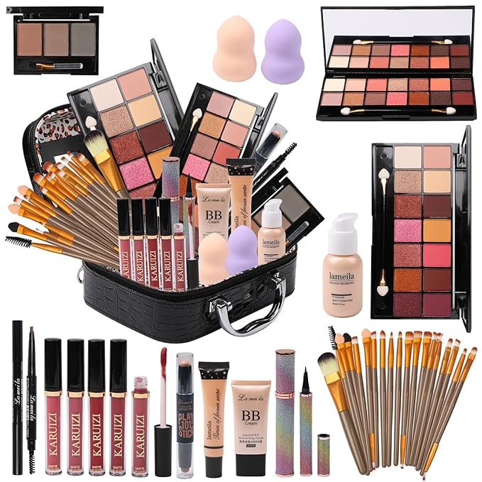 All in One Makeup Kit Full Kit Multipurpose Essential with Eyeshadow Palette,Lip Gloss,Foundation,Mascara,Eyebrow Pencil,Eyeliner,Contour Stick,Makeup Brushes,Cosmetic Bag Makeup Set for Women (DA112)-Velvo Beauty