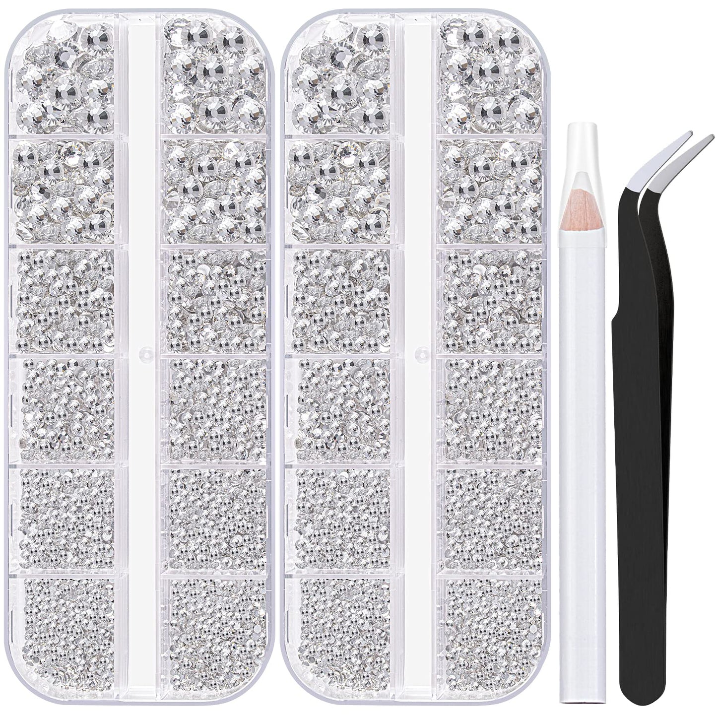 Two Packs of Flatback Rhinestones 4000 Pcs Nail Art Rhinestones Flatback Transparent White Clear Rhinestone with Picker Pencil and Tweezer for Nail Art and Decoration-Velvo Beauty