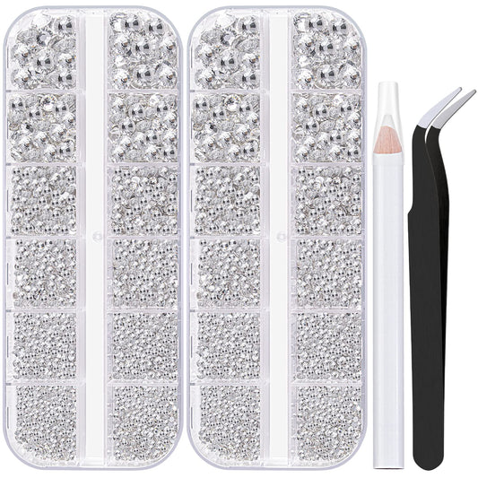 Two Packs of Flatback Rhinestones 4000 Pcs Nail Art Rhinestones Flatback Transparent White Clear Rhinestone with Picker Pencil and Tweezer for Nail Art and Decoration-Velvo Beauty