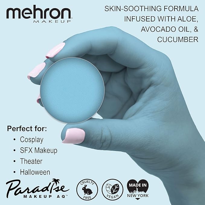 Mehron Makeup Paradise Makeup AQ Refill Size | Stage & Screen, Face & Body Painting, Cosplay, and Halloween | Water Activated Face Paint, Body Paint, Cosplay Makeup .25 oz (7 ml) (LIGHT BLUE)-Velvo Beauty