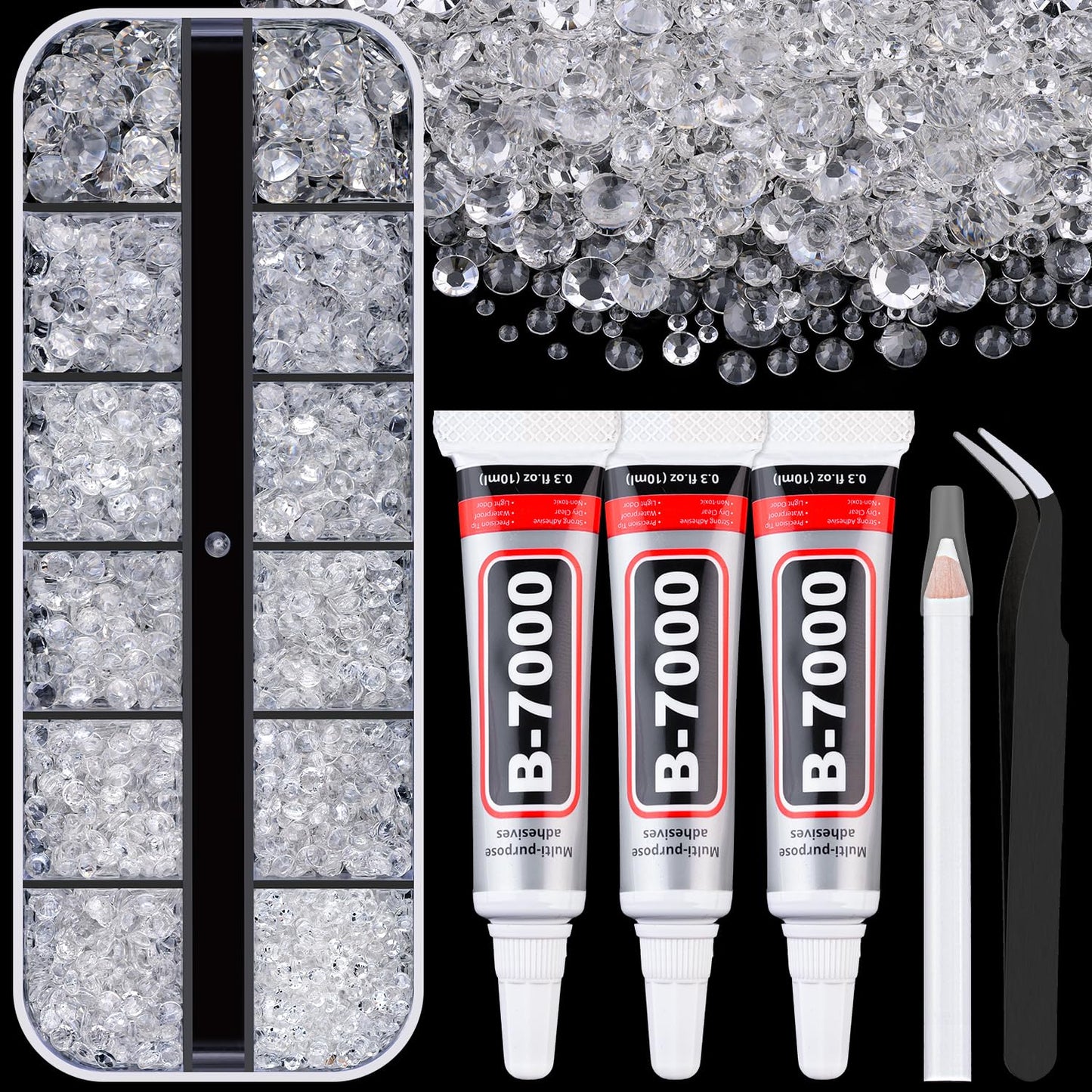 6000Pcs Resin Rhinestones for Bedazzling with 3Pcs B7000 Jewelry Glue, 1 Box Transparent Flatback Rhinestones for Crafting Crafts DIY, Crystals Gems for Clothing Shoes Tumblers Nail Art Makeup-Velvo Beauty