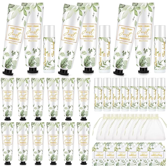 25 Set Wedding Lip Balms and Hand Cream Gift Set Include 25 Moisturizing Hand Care Cream 25 Lip Balms with Thank You Cards and Bags Bridesmaid Gift Set for Bridal Shower Wedding(Greenery)-Velvo Beauty