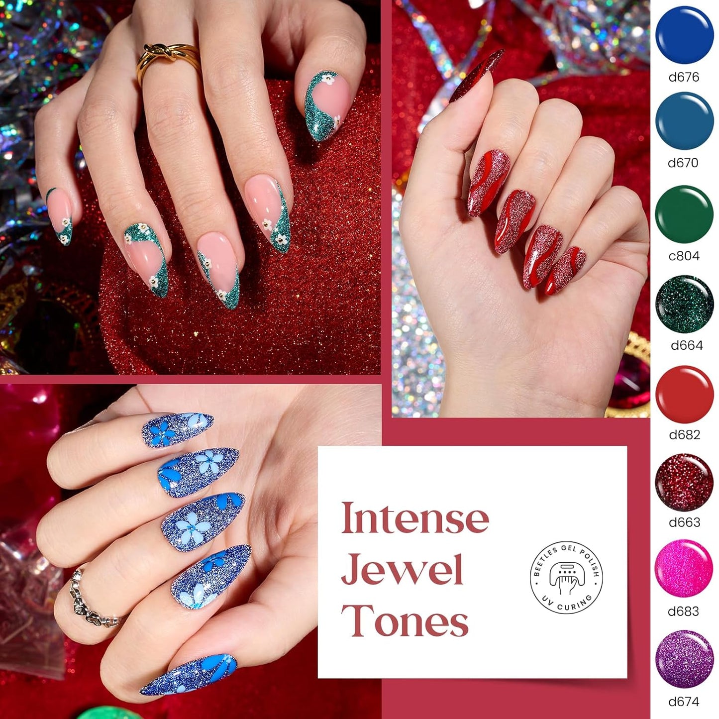 Beetles Gel Polish Liner Nail Art Set, 50 Colors Spring Summer Reflective Glitter Pink Red Blue Green Silver Gel Polish Soak Off UV Built Thin Brush in Bottle Nail Design Polish Rainbow Nails-Velvo Beauty