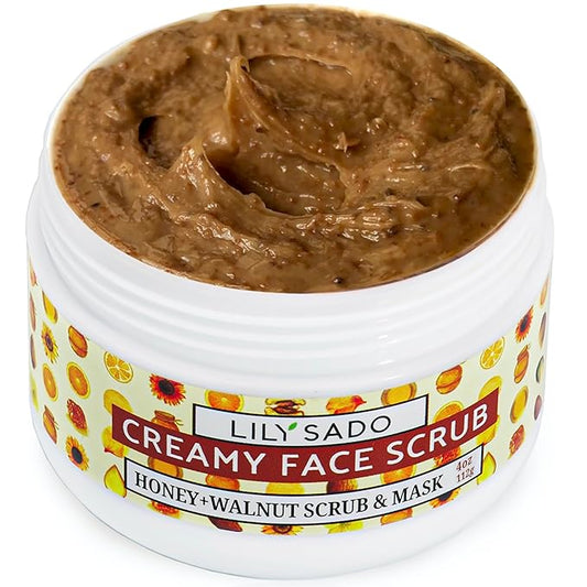 LILY SADO HONEY WALNUT Creamy Face Scrub - Best Exfoliating Facial Cleanser for Women & Men - Gently Exfoliates, Softens & Energizes Skin, Treats Acne, Reduces Pore Size - For All Skin Types - 4 oz-Velvo Beauty