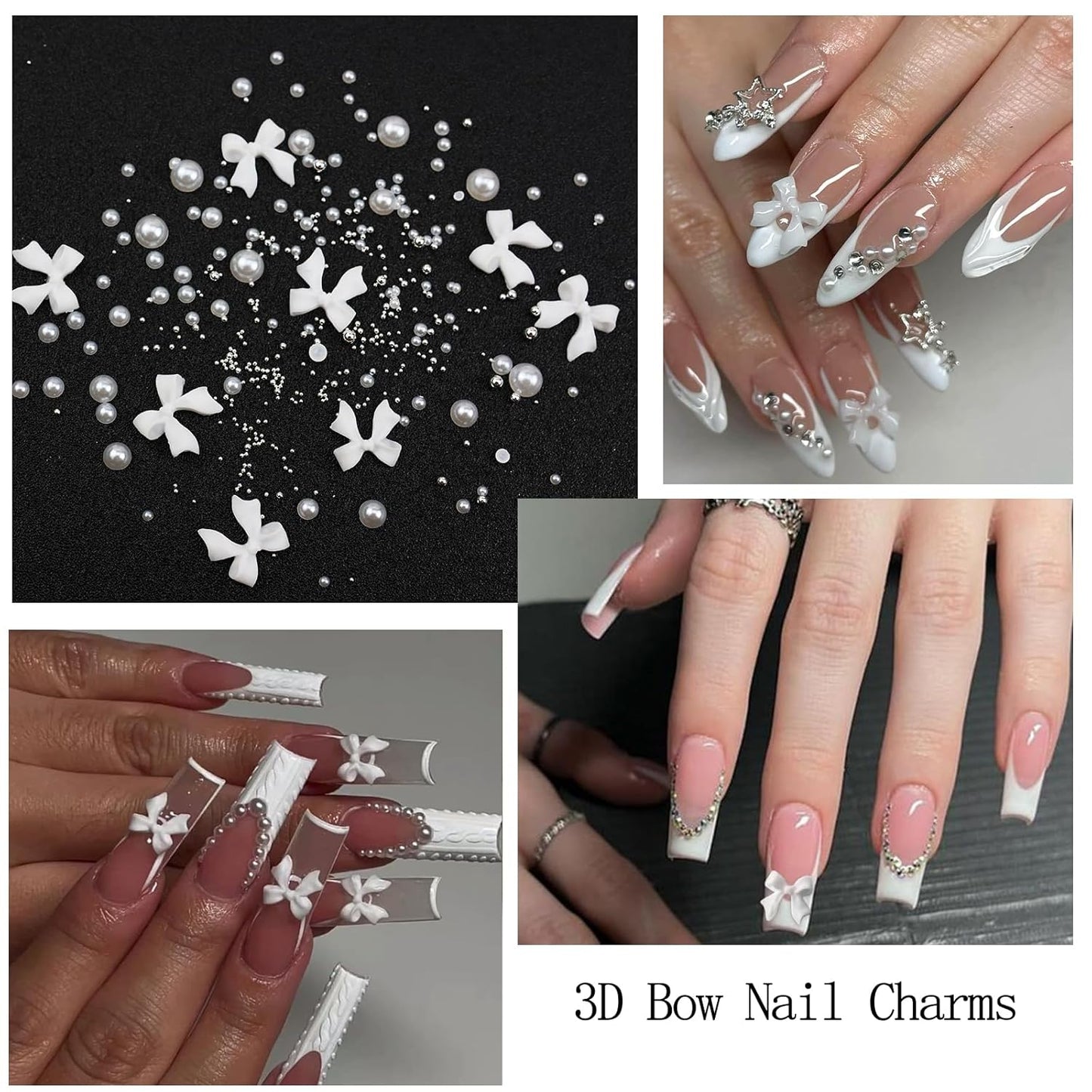 Nail Art Charms White Bow Nail Rhinestones with Glue Gel Flatback Pearls Luxurious Nails Gems Supplies Accessories White Silver Jewelry Pearls for Women Nails DIY Design-Velvo Beauty