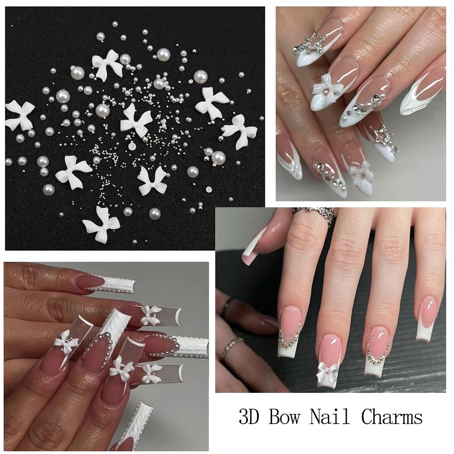 Nail Art Charms White Bow Nail Rhinestones with Glue Gel Flatback Pearls Luxurious Nails Gems Supplies Accessories White Silver Jewelry Pearls for Women Nails DIY Design-Velvo Beauty