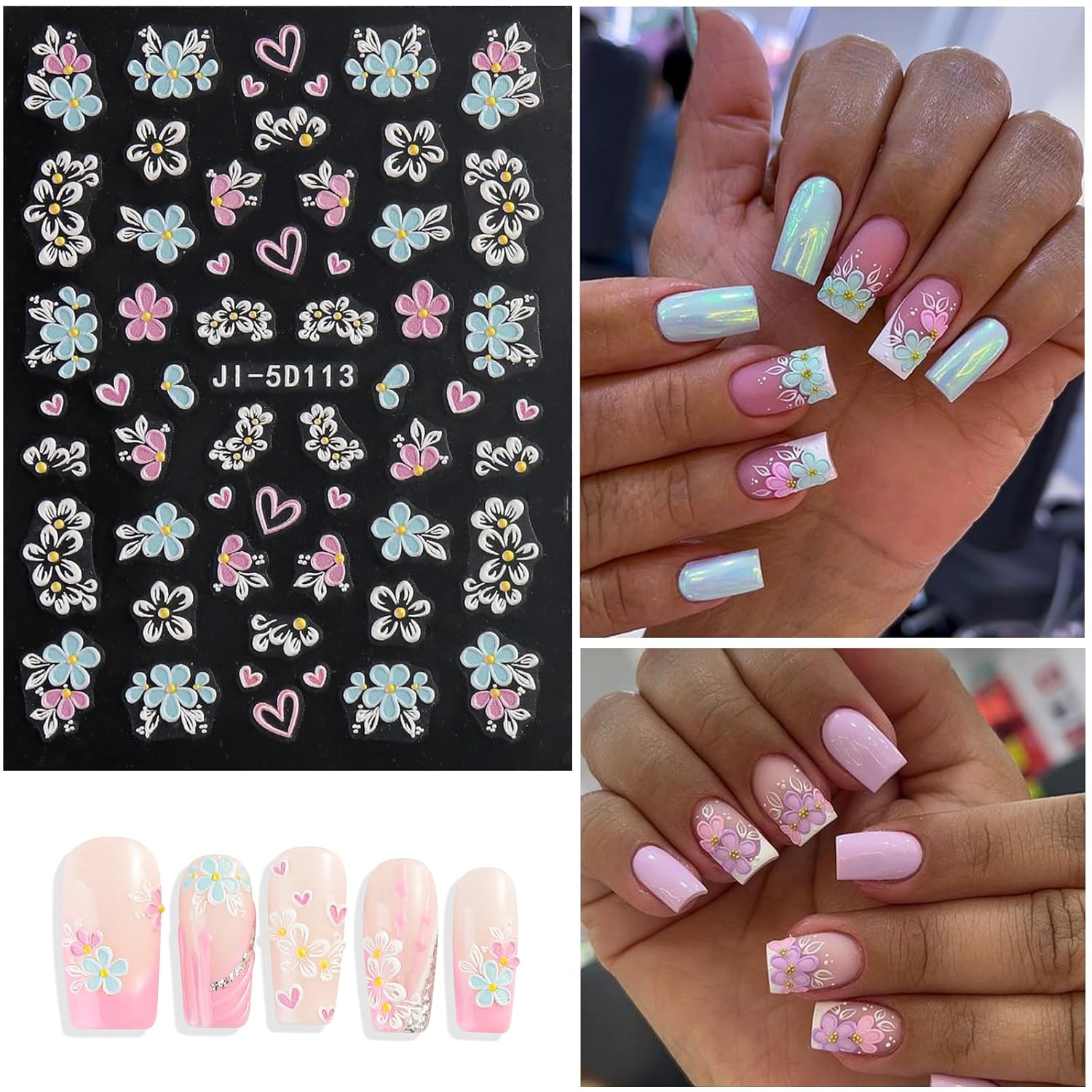 5 Sheets 5D Flower Nail Art Stickers Embossed Nail Decals Spring Summer Nails Art Design 3D Self-Adhesive Nails Supplies White Yellow Blue Colorful Flower Stickers for Women Nail Decoration-Velvo Beauty