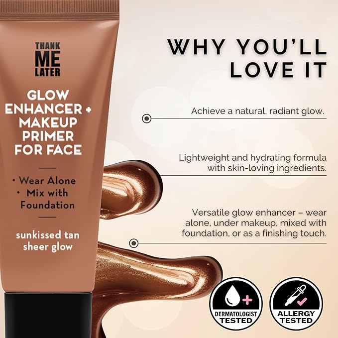 Elizabeth Mott Thank Me Later Glow Enhancer - Hydrating Face Primer & Highlighter for Radiant Skin, Vegan & Cruelty-Free, No Sulfates, Parabens, or Phthalates - Tan Sheer Glow Shade - 30g-Velvo Beauty
