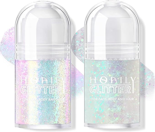 2 Colors Roll-on Body Glitter Gel, Holographic Glitter Gel Under Light for Face Hair, Body Shimmer for Rave Accessories Christmas New Year Halloween Makeup (8+11)-Velvo Beauty