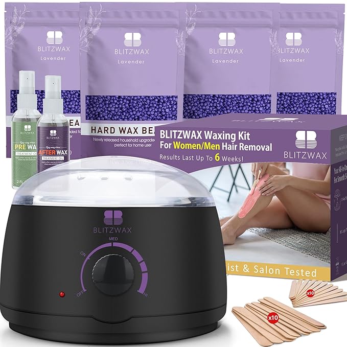 BLITZWAX Brazilian and Bikini Waxing Kit for Women, Hard Wax Warmer for Face, Legs, and Body, At Home Hair Removal Kit, Beginner Friendly, Quick Heating, 28 Accessories-Velvo Beauty