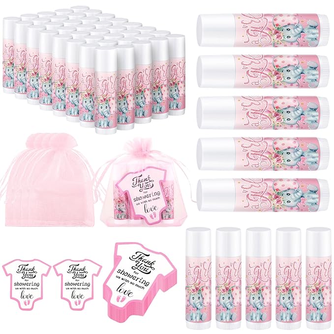 Demissle 50 Pcs Baby Shower Lip Balm Gift Set with 100 Pcs Organza Bags Baby Shower Party Favor for Guest Thank You Tag Rope Baby Shower Party Decoration Gender Reveal Souvenirs(Elephant)-Velvo Beauty