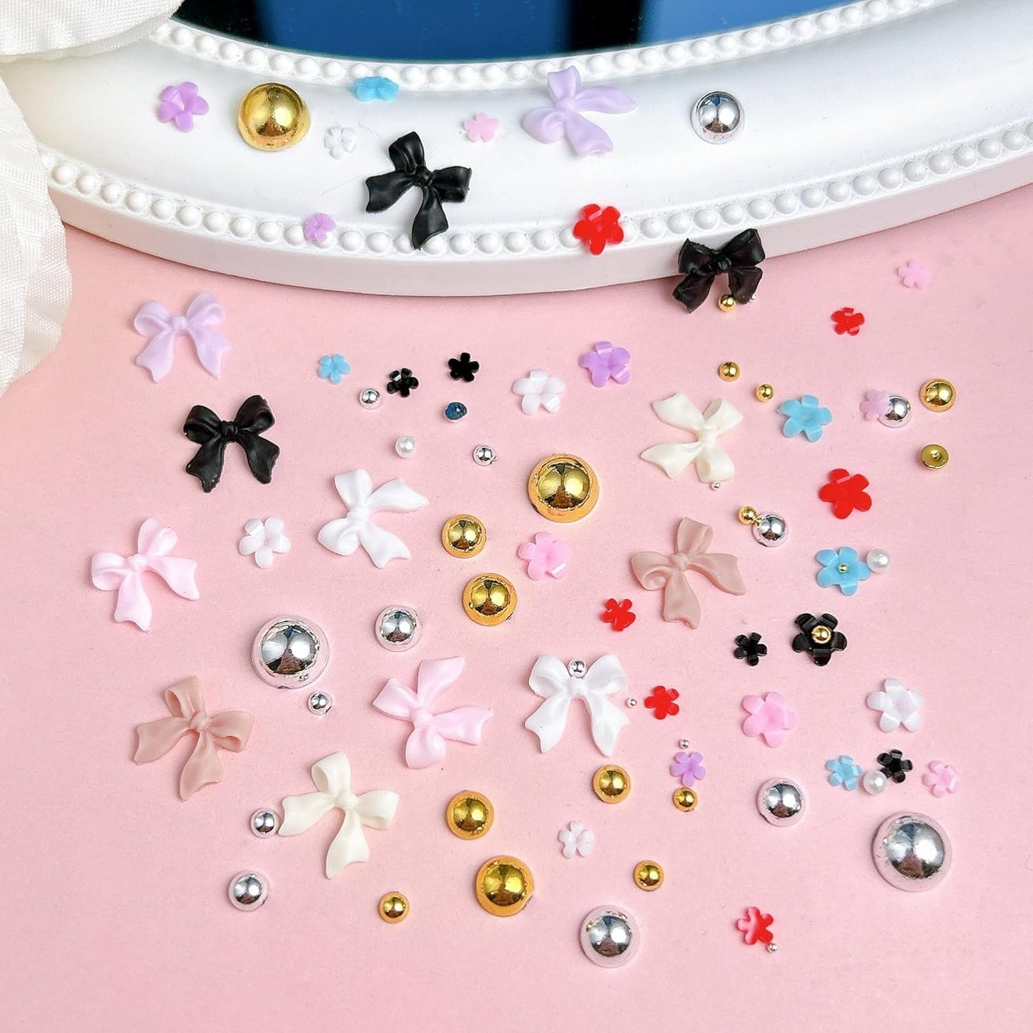 3D Bow Nail Charms Kit, Colorful Resin Flower Bowknot Nail Art, Mix Gold Silver Flatback Beads Charms for Manicure DIY Crafts Jewelry Accessories-Velvo Beauty