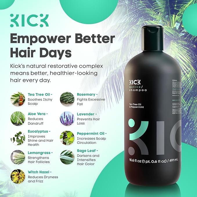 Kick Mens Shampoo - Peppermint & Tea Tree for Oil Control - Sulfate-Free, Refreshing Formula - Anti-Dandruff and Scalp Soothing - Shampoo for Oily Hair - Cruelty-Free - 16.6oz-Velvo Beauty