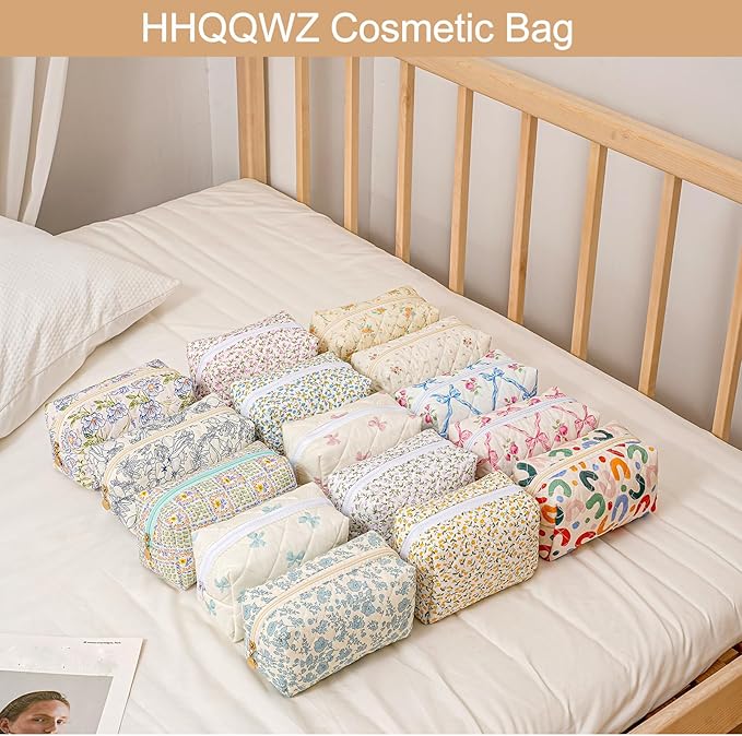 Makeup Bag Travel Cosmetic Bag for Women Girls, Zipper Make Up Pouch, Floral Flowers Toiletry Organizer Makeup, Portable Storage Bag, Cosmetic Travel Cloth Bag (Blue Bowknot/Gold Zipper)-Velvo Beauty