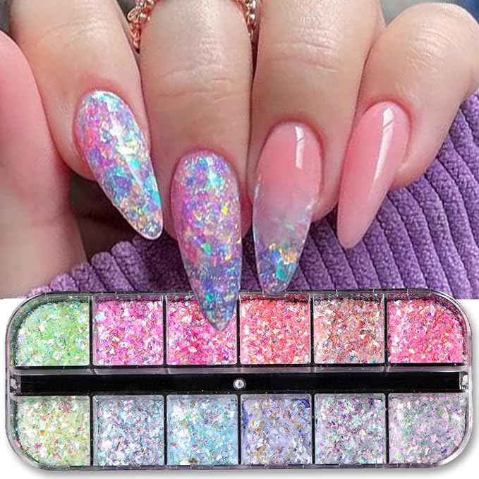 12 Colors Mermaid nail art glitter sequins Iridescent Ice Slag nail glitter flakes Ultra Thin Nail Art Designs 3D holographic nail sequins for Nail Art Supplies Manicure Decoration Accessories-Velvo Beauty