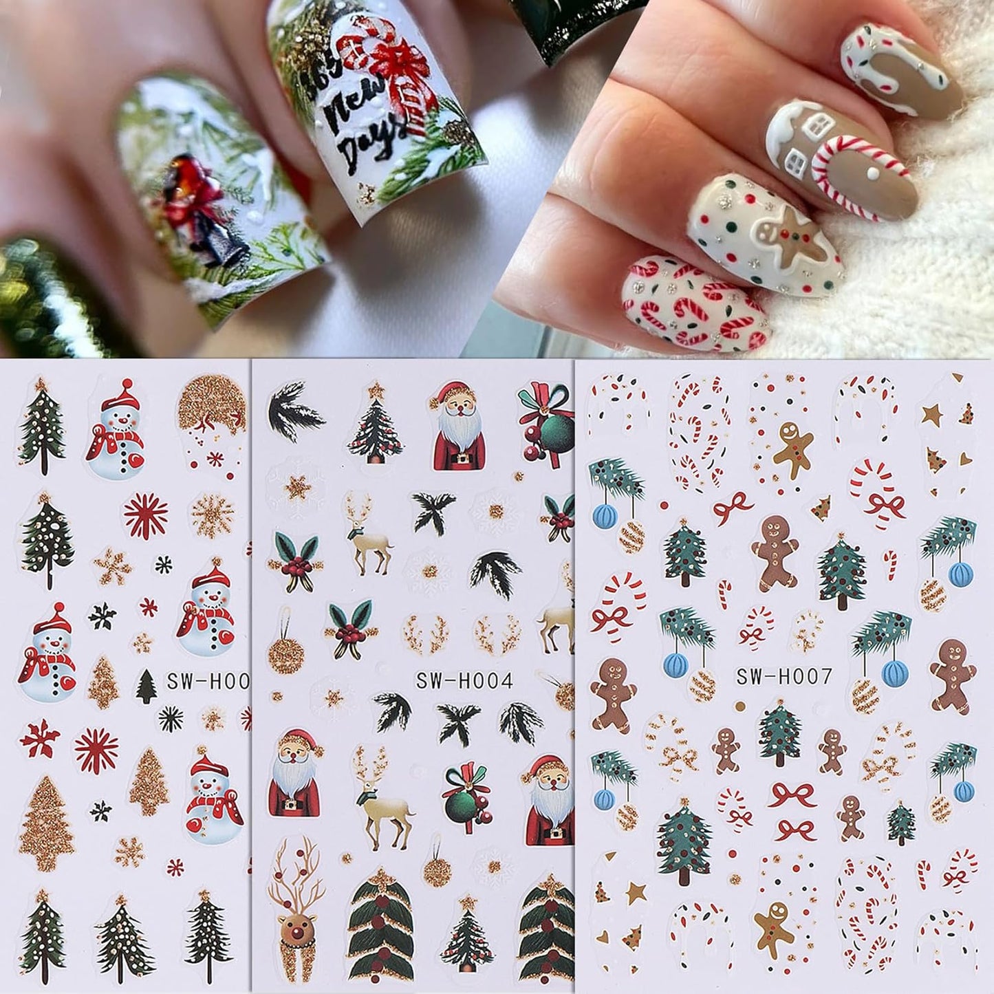 Glitter Christmas Nail Art Stickers 12 Sheets Sparkles Winter Nail Decals 3D Self Adhesive Nail Supplies DIY Santa Claus Gingerbread Man Snowflake Xmas Manicure Decoration DIY Supplies for Women Girl-Velvo Beauty