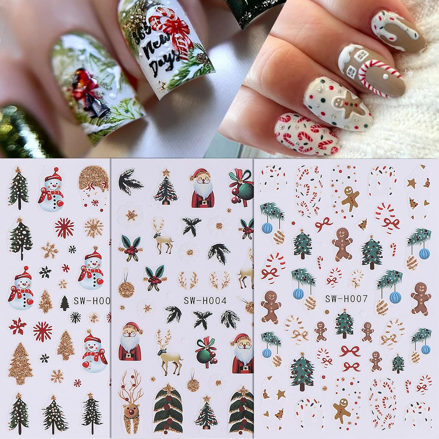 Glitter Christmas Nail Art Stickers 12 Sheets Sparkles Winter Nail Decals 3D Self Adhesive Nail Supplies DIY Santa Claus Gingerbread Man Snowflake Xmas Manicure Decoration DIY Supplies for Women Girl-Velvo Beauty
