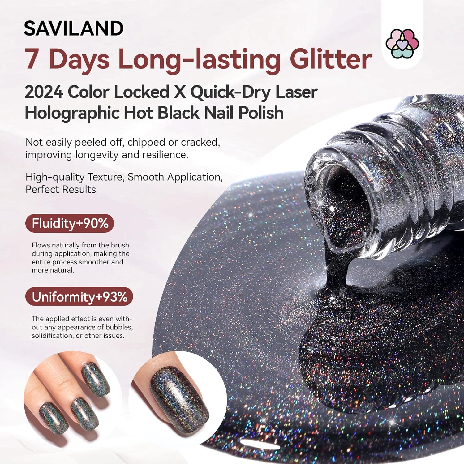 SAVILAND Holographic Black Nail Polish: Metallic Glitter Fingernail Polish Holographic Laser Plant-base Castor Oil Quick Dry Nail Polish Easy Use Remove Chrome Halo Nail Polish Beginner DIY Nail Tech-Velvo Beauty