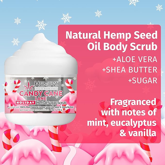 Hempz Limited Edition Candy Cane Lane Exfoliating Body Scrub (4 Oz) – Yummy Holiday Scented Sugar Body Scrub for Shower & Bath, Cozy Candy Cane Scented Sugar Scrub Exfoliant for Women & Men-Velvo Beauty