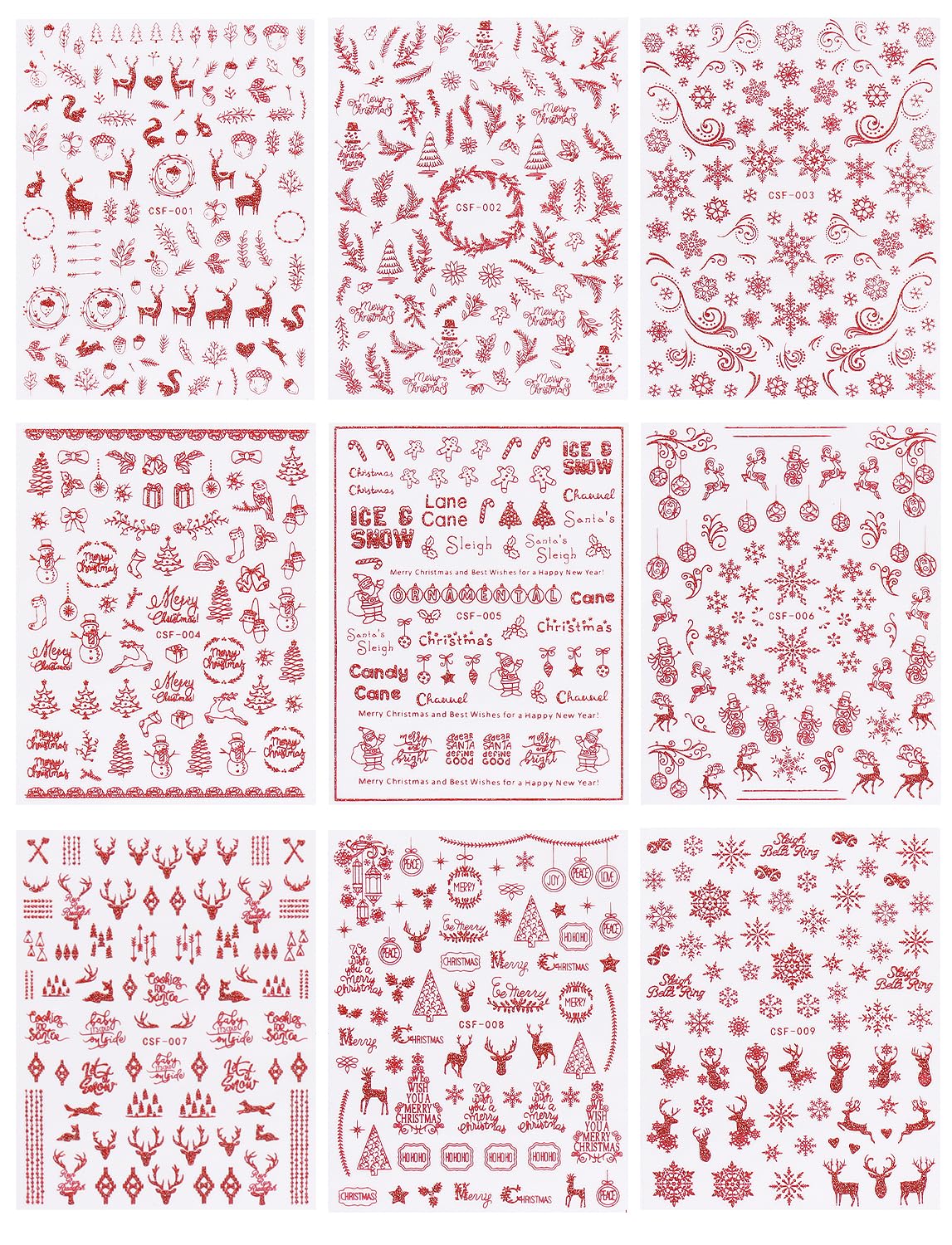 JMEOWIO 9 Sheets Christmas Glitter Nail Art Stickers Decals Self-Adhesive Red Nail Supplies Nail Art Design Decoration Accessories-Velvo Beauty