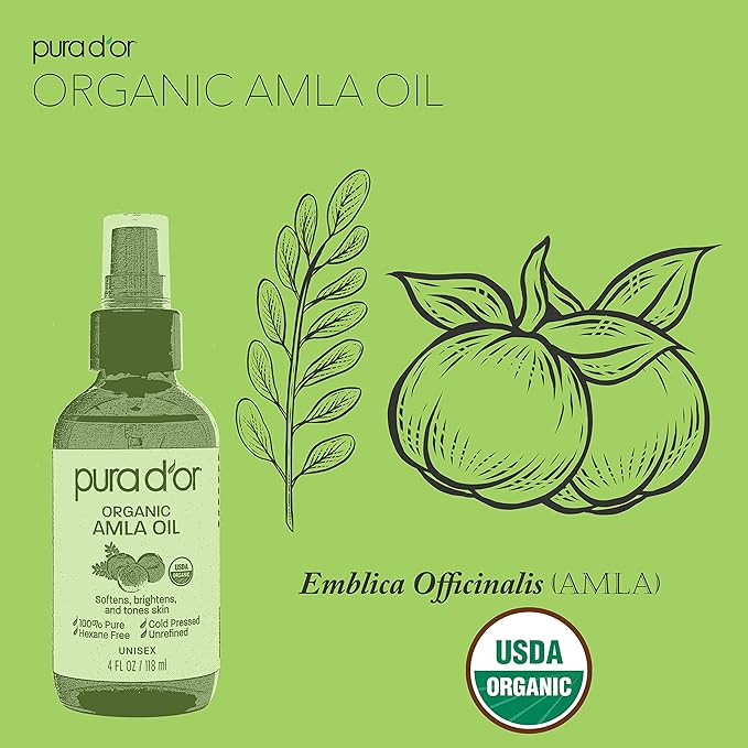 PURA D'OR Organic Amla Oil (4oz / 118mL) 100% Pure USDA Certified Premium Grade Natural Moisturizer, Cold Pressed, Hexane-Free Base Carrier for DIY Skin Care Men & Women, Pack of 1, 0.5 pounds-Velvo Beauty
