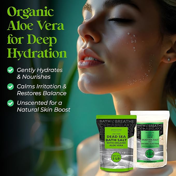 Aromasong Dead Sea Salt with Organic Aloe Vera, Spa Bath Salts, 5 Lbs Fine Bulk resealable Pack, 100% Pure & Natural, Soak for Women & Men for Tired Muscles & Skin Issues (Packaging May Vary)-Velvo Beauty