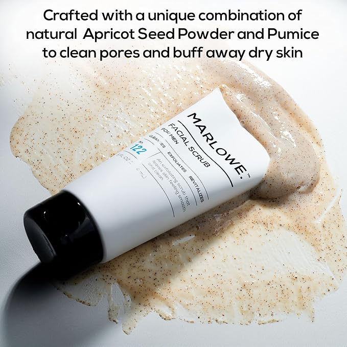 MARLOWE. No. 122 Facial Scrub 6 oz, Gentle Face Exfoliator with Apricot Seed Powder & Pumice, Cleanses & Smooths, Fresh Pine & Agarwood Scent-Velvo Beauty