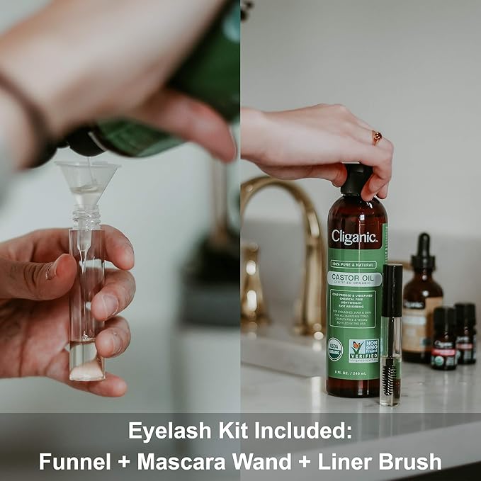 Cliganic USDA Organic Castor Oil, 100% Pure (16oz with Eyelash Kit) - For Eyelashes, Eyebrows, Hair & Skin | Bulk, Natural Cold Pressed Unrefined Hexane-Free | DIY Carrier Oil-Velvo Beauty