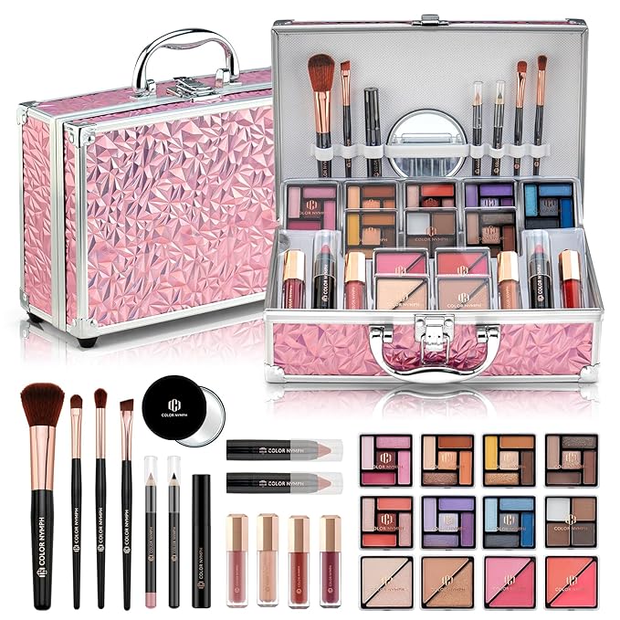 Color Nymph Starter Makeup Kit for Tweens Girls, Train Case for Women Full Kit with Eye Shadow, Lipstick, Blush, Brushes, Lipgloss, Mascara, Brow Wax and Mirror Pink Full Starter Cosmetics Set-Velvo Beauty