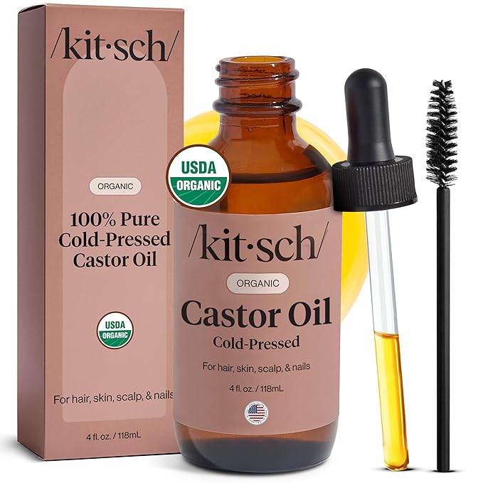 Kitsch Organic Castor Oil for Hair Growth - 100% Pure Castor Oil, Organic Cold Pressed Unrefined Glass Bottle for Face, Skin, Lashes, Brows, Scalp, Nails & Belly Button - Hexane Free, USDA - 4 oz-Velvo Beauty