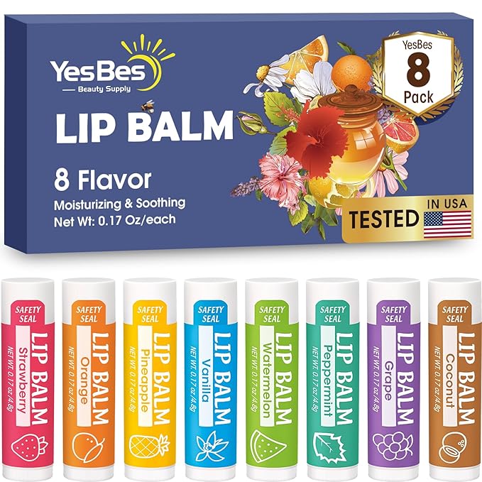 Lip Balm, 8 Pack Natural Bulk with Vitamin E & Coconut Oil, Moisturizing Dry Cracked Lips Protection, 8 Flavors - Stocking Stuffers-Velvo Beauty