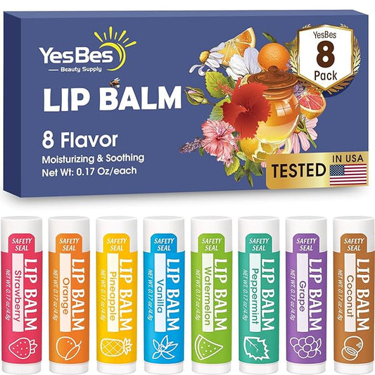 Lip Balm, 8 Pack Natural Bulk with Vitamin E & Coconut Oil, Moisturizing Dry Cracked Lips Protection, 8 Flavors - Stocking Stuffers-Velvo Beauty
