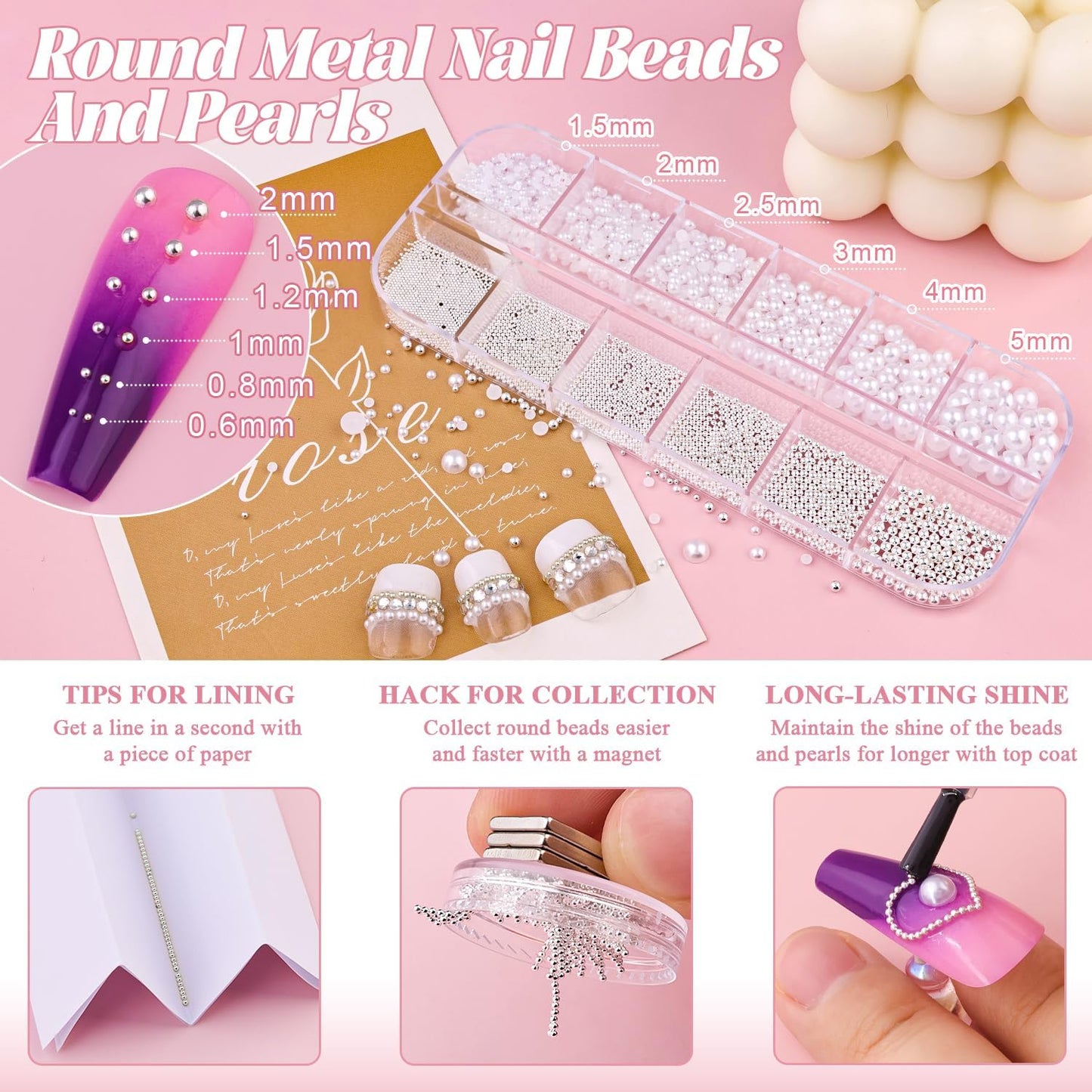 Flatback Pearls (White) and Metal Nail Beads and Glass Rhinestones with Rhinestones Glue Gel for Nail Art, Pearl Nail Charms and Round Caviar Beads Multi Shapes Crystals Gems for Manicure Decor-Velvo Beauty