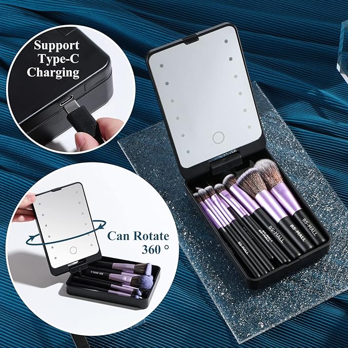 BS-MALL Travel Makeup Brush Set Foundation Powder Concealers Eye Shadows Makeup Set with LED light Mirror 14 Pcs (Purple)-Velvo Beauty