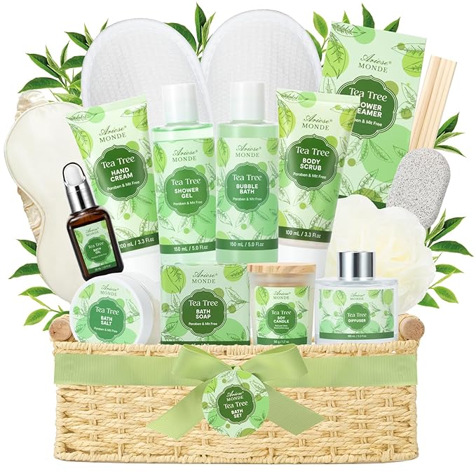 Spa Gift Basket - Tea Tree Bath Set With Shower Gel, Bubble Bath, Hand Cream, Soap, Salt, Essential Oil - Luxury Body Gift Kit for Women-Velvo Beauty