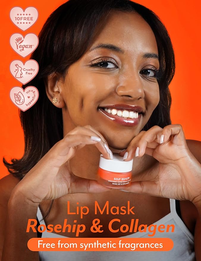 SelfBeauty Lip Mask - Rosehip & Collagen, Vegan Lip Balm, Lip Moisturizer, Overnight Hydrating Lip Treatment with Collagen Peptide, Lip Scrub Exfoliator Intensive Lip Repair, 0.51fl.oz-Velvo Beauty