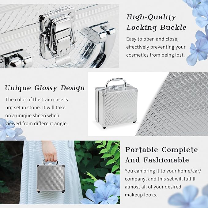 Color Nymph Beginner Makeup Kit For Teens With The Small Cosmetic Train Case Included 24-Colors Eyeshadow Palette Blushes Bronzer Highlighter Lipstick Brushes Mirror(Silver)-Velvo Beauty