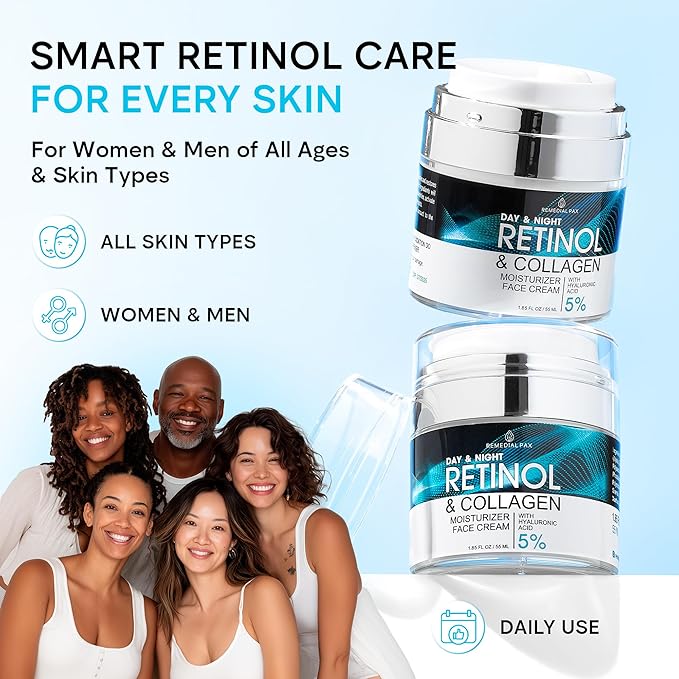 Face Moisturizer Retinol Cream, Anti Aging Neck Firming Cream, Collagen Day & Night Face Cream with Hyaluronic Acid for Women & Men, 1.85 Fl Oz-Velvo Beauty