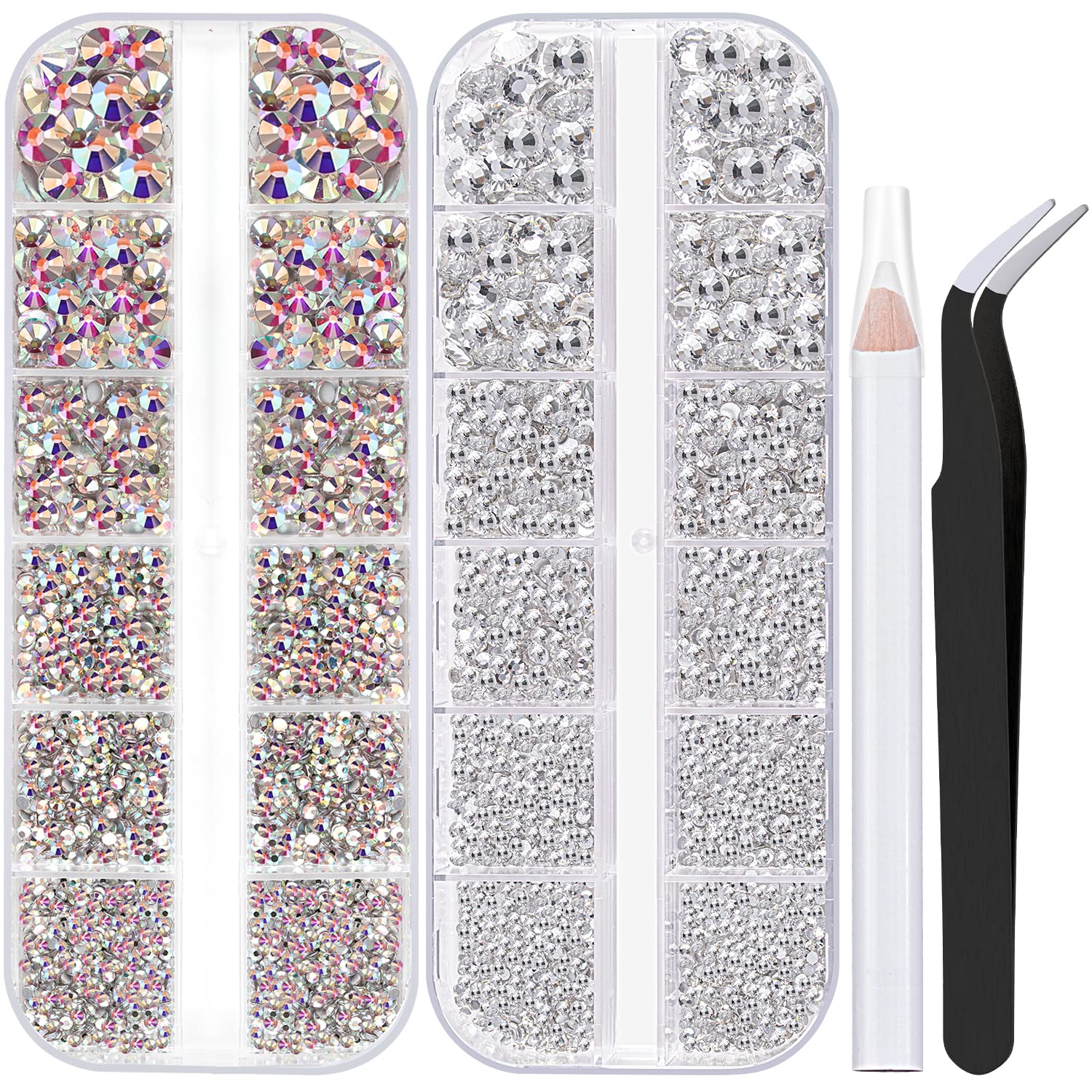 Two Packs of Flatback Rhinestones 4000 Pcs Nail Art Rhinestones Flatback Crystal AB+Transparent White Clear Rhinestone with Picker Pencil and Tweezer for Nail Art and Decoration-Velvo Beauty