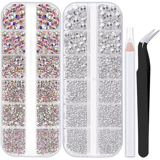 Two Packs of Flatback Rhinestones 4000 Pcs Nail Art Rhinestones Flatback Crystal AB+Transparent White Clear Rhinestone with Picker Pencil and Tweezer for Nail Art and Decoration-Velvo Beauty